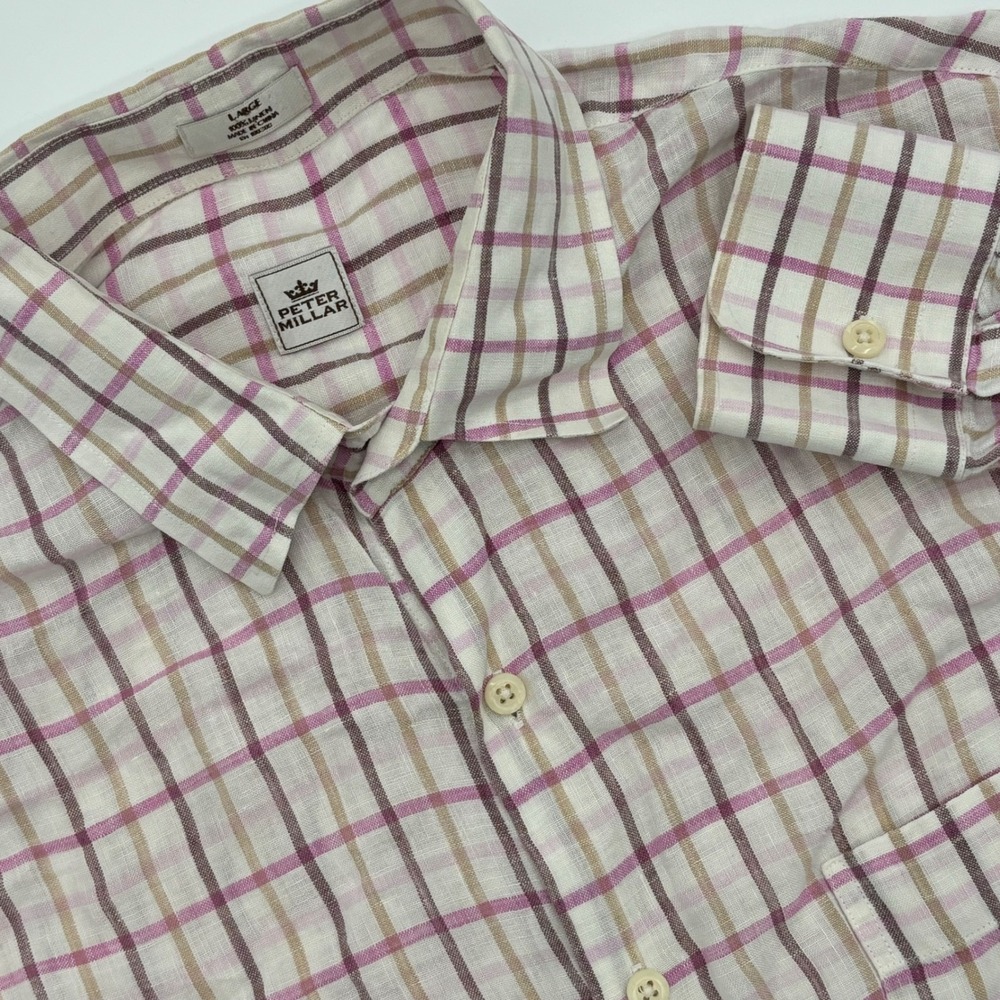 Peter Millar‎ Mens Large Linen Button Down Shirt Plaid Checkered Casual